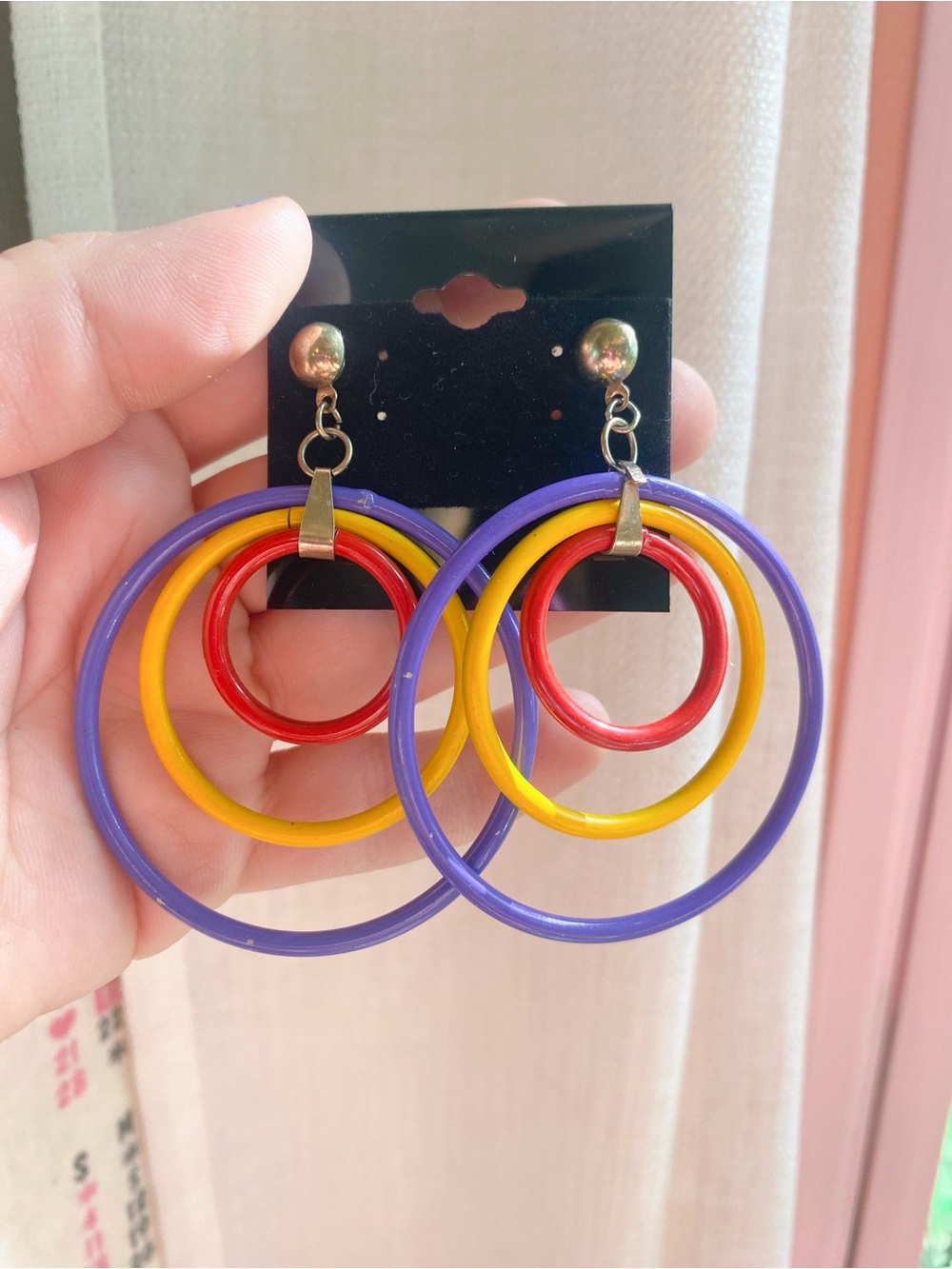 True 80s/90s 3” Hoop Earrings Purple, Red, Yellow Metal Hoops Pierced Ears